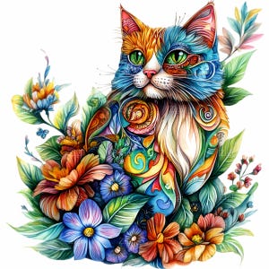 12 Bunte Blumen Katzen PNG Clipart - Lebendige Katze mit Blumen Digital Art - Künstlerische Katze PNG Download