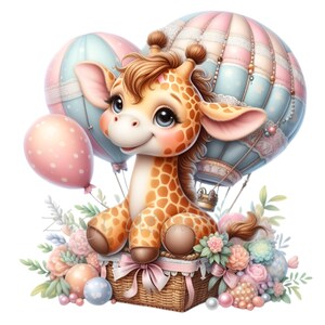 May include: A cute giraffe wearing a pink bow sits in a wicker basket with a pink ribbon. The giraffe is surrounded by pastel pink, blue, and green flowers and balloons. The giraffe is looking at the viewer with big, brown eyes.