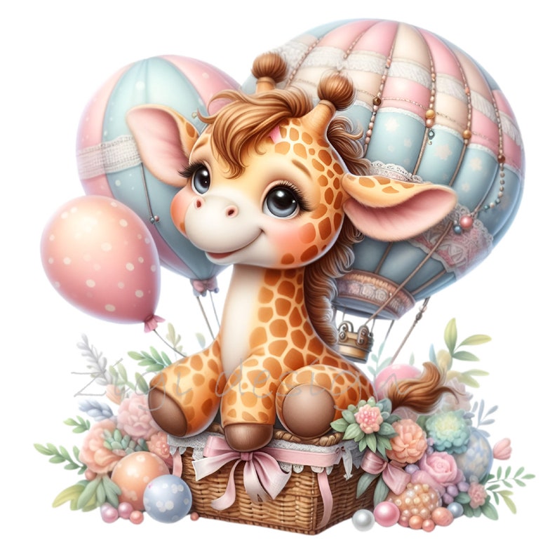 May include: A cute giraffe wearing a pink bow sits in a wicker basket with a pink ribbon. The giraffe is surrounded by pastel pink, blue, and green flowers and balloons. The giraffe is looking at the viewer with big, brown eyes.