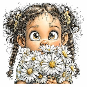 11 PNG Daisy Girl Clipart – Funny Flower Bouquet Illustration – Cute Spring Cartoon Art for Cards, Wall Decor, Sublimation PNG