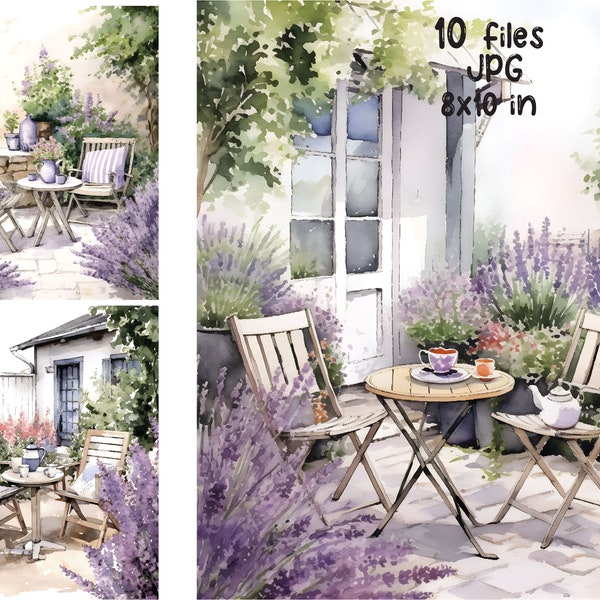 Watercolor Provence Café Bistro Clipart JPG Digital Paper Lavender Background Travel Journal
