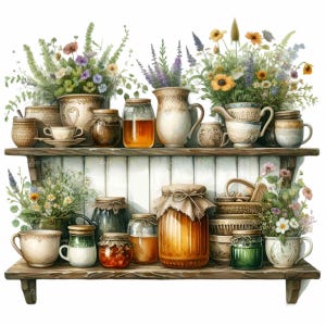 10 Cottage Pantry PNG Clipart - Rustic Shelf with Jars, Honey, and Herbs - Farmhouse Kitchen Art for DIY Crafts & Recipes