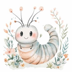 15 Clipart PNG di bruco sorridente, insetto da giardino acquerello con fiori, decorazioni primaverili per la cameretta dei bambini, arte digitale di animali stravaganti