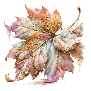 Puede incluir: Ilustración detallada de una hoja de arce en tonos rosa, melocotón y blanco, adornada con filigranas doradas y hileras de perlas. Una pequeña mariposa añade un toque delicado a este diseño ornamentado.