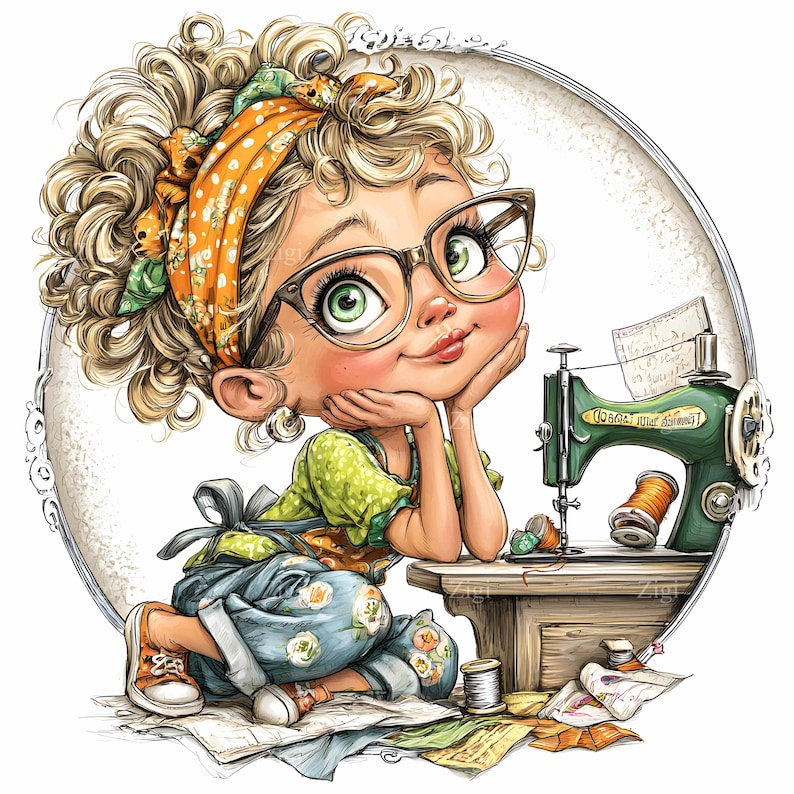 19 JPEG Cute Sewing Girl Clipart – Retro Craft Illustration – Whimsical ...