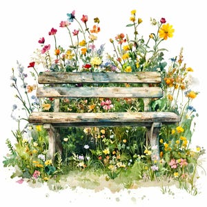 Könnte beinhalten: Eine rustikale Holzbank mit natürlicher Oberfläche ist von einem lebendigen Feld aus Wildblumen in Rosa-, Gelb- und Lilatönen umgeben. Die Bank ist aus verwittertem Holz gefertigt und die Blumen sind im Aquarell-Stil gemalt.