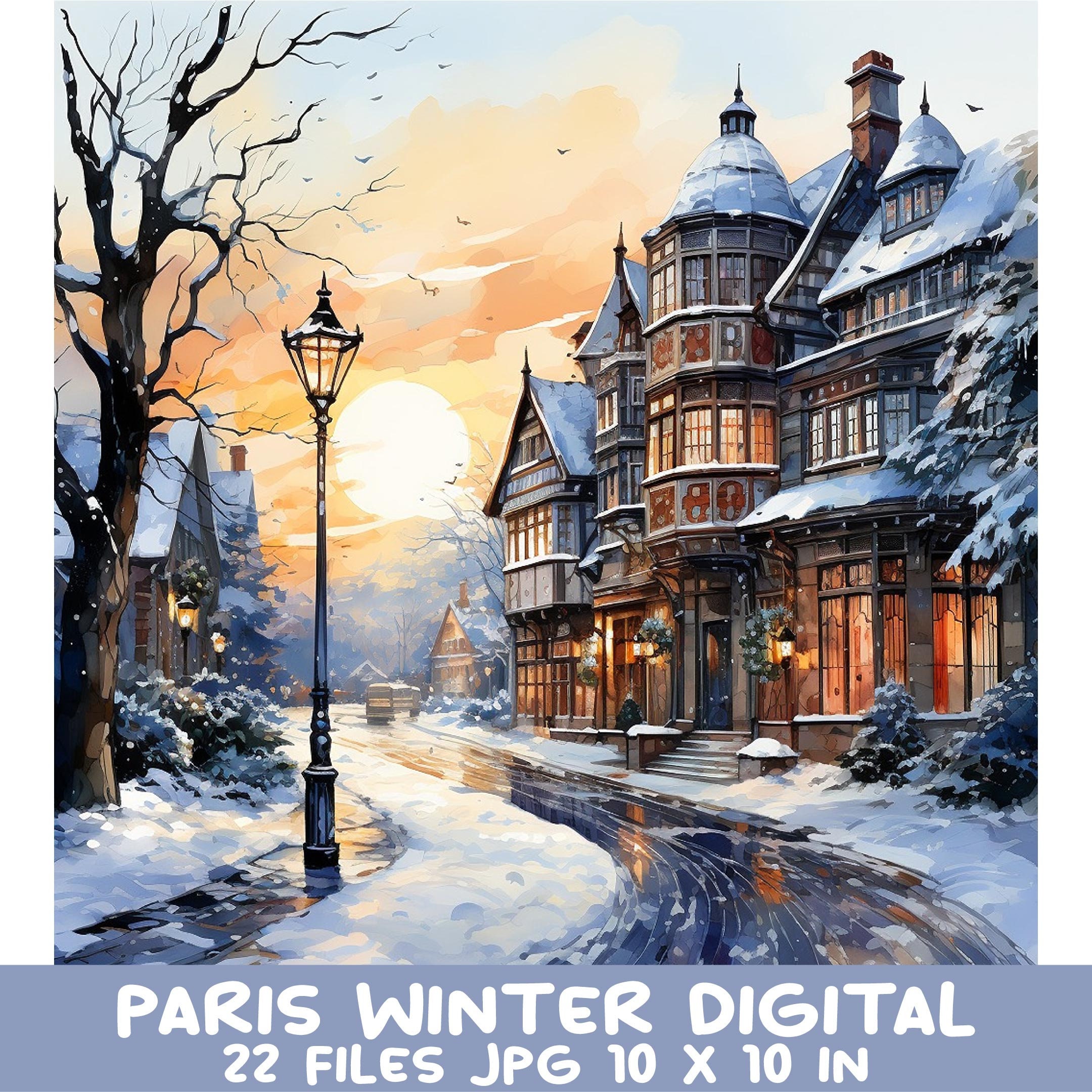 Paris Winter Digital Art Set - Vintage Winter Scene With