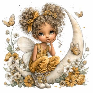 May include: A whimsical illustration of a fairy with curly brown hair, wearing a yellow jumpsuit and sitting on a crescent moon. Butterflies and flowers in shades of yellow and white surround the fairy, creating a dreamy, fairytale scene.
