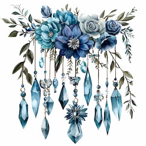 36 JPEG guirlande de cristaux bleus Clipart JPG, pierres précieuses suspendues avec composition florale et ficelle, art bohème élégant imprimable