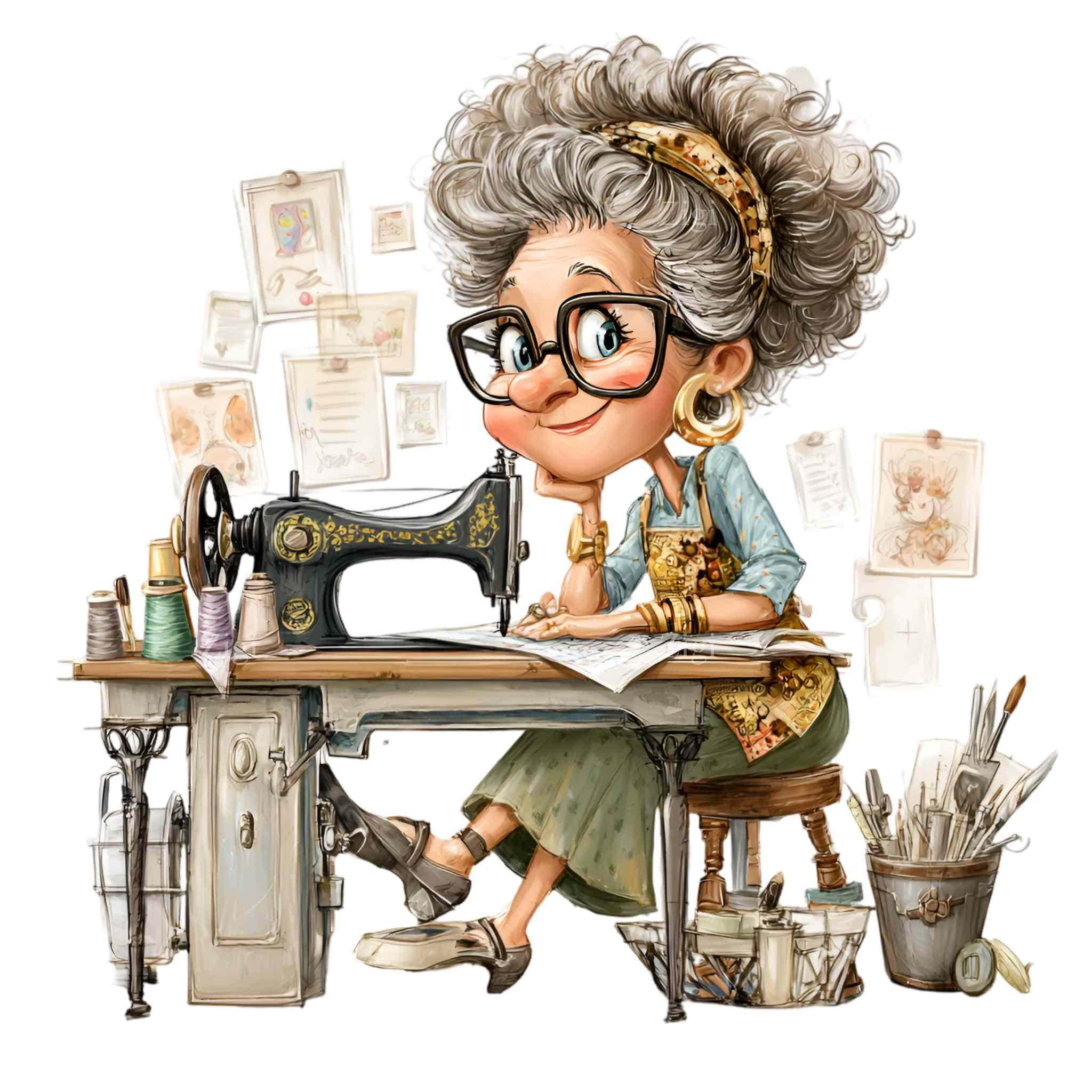 16 PNG Grandma Sewing Clipart – Funny Seamstress PNG – Whimsical Craft ...