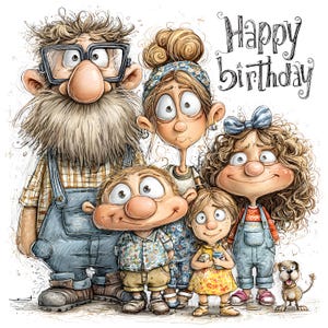 10 JPEG Funny Family – Happy Birthday JPG – grappige cartoon-clipart voor wenskaarten, feestuitnodigingen, afdrukbare digitale kunst