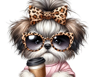 12 Shih Tzu Clipart PNG Leopard Sunglasses Coffee Lover Graphic Pet Sublimation