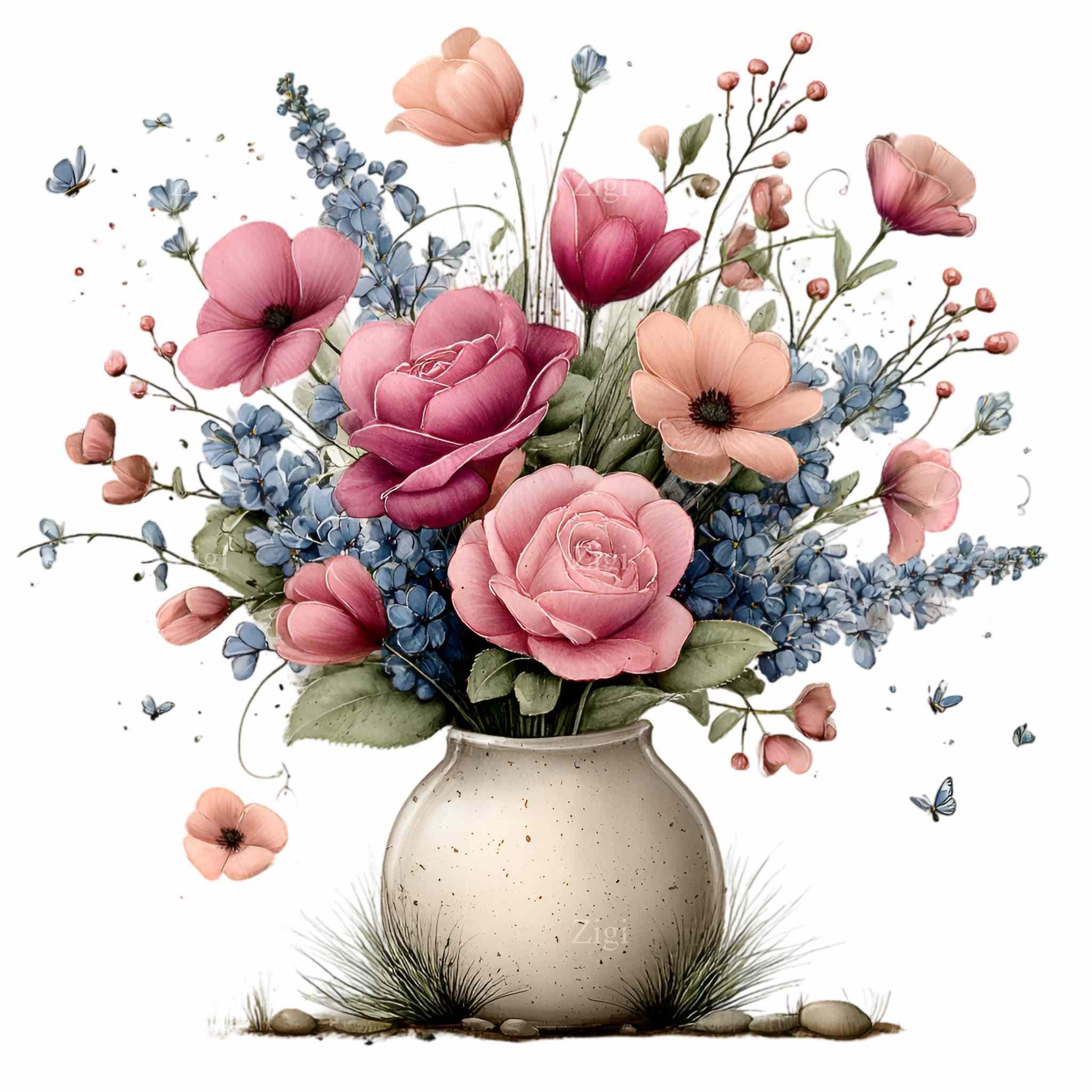 16 PNG Floral Vase Clipart, Watercolor Flower Bouquet, Botanical Spring ...