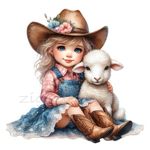 May include: A young girl wearing a brown cowboy hat with pink and blue flowers, a pink and white plaid shirt, blue overalls, and brown cowboy boots. She is holding a white lamb in her arms.