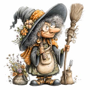 Könnte beinhalten: Eine skurrile Illustration einer lächelnden Hexe mit einem großen grauen Hut, der mit Blumen geschmückt ist, und einem Besen. Sie trägt eine Brille, ein gemustertes Kleid und eine Tasche. Eine Vase mit Blumen steht in der Nähe. Die Hexe ist ein charmanter, cartoonartiger Charakter.