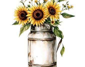 Könnte beinhalten: Eine Aquarellillustration eines Straußes aus leuchtend gelben Sonnenblumen mit dunkelbraunen Mitten und grünen Blättern, arrangiert in einer hohen, zylindrischen Milchkanne aus Metall mit verwitterter, rostiger Oberfläche und braunen Flecken.