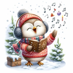 Puede incluir: Ilustración de un búho alegre en una escena invernal. El búho lleva un gorro, orejeras, bufanda y suéter con diseños rojos y blancos, sosteniendo un libro y cantando. Notas musicales y adornos navideños flotan en el aire, con nieve.