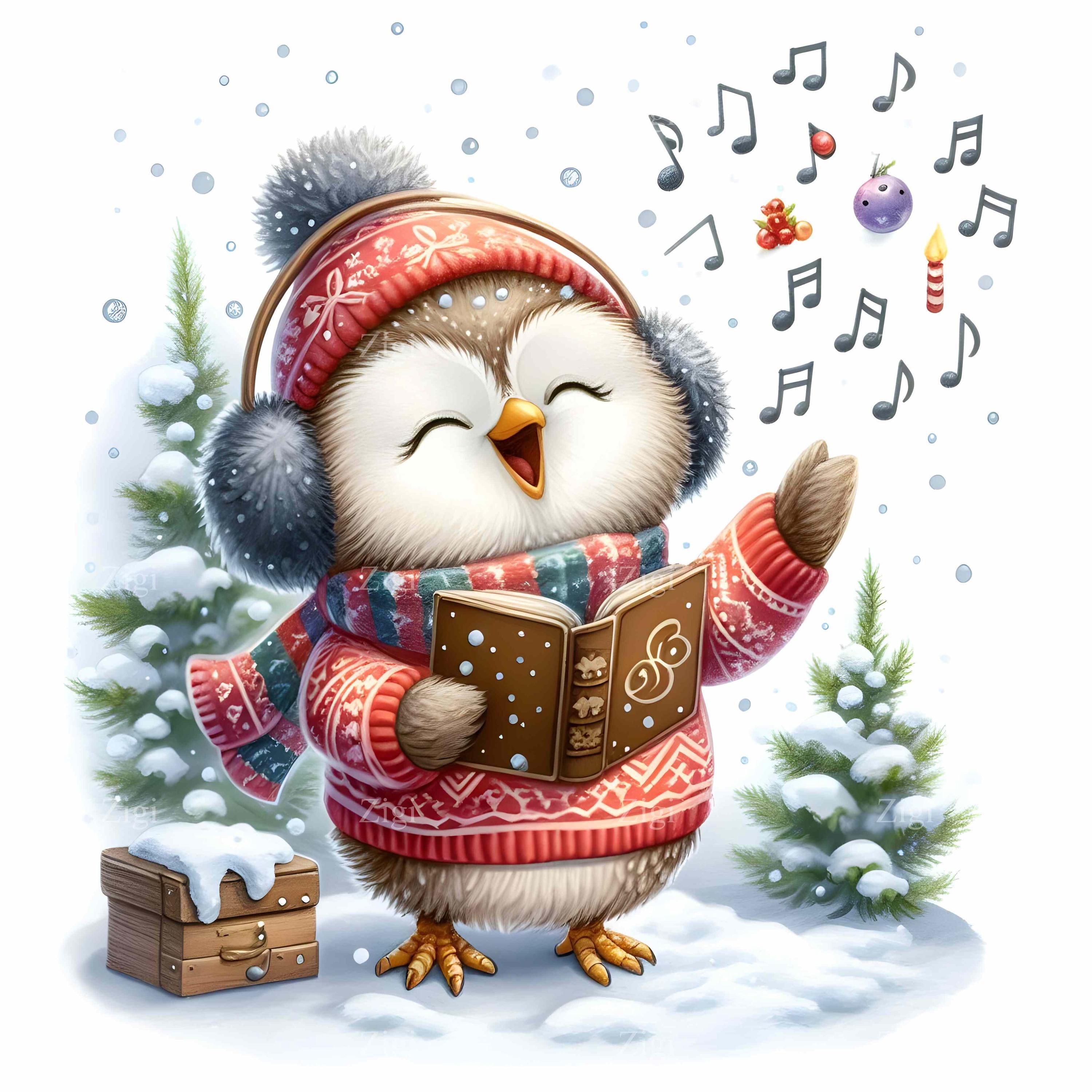 14 JPG Singing Owl Clipart – Cute Winter Caroler Owl Art – Holiday Cards, Kids Crafts, P