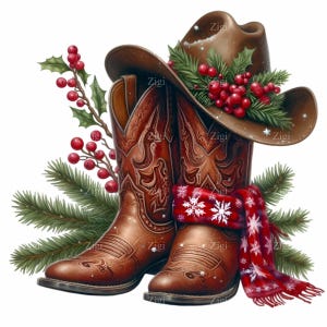 10 imágenes PNG navideñas del oeste: botas y sombrero de vaquero con pino, bayas y bufanda, ilustración de decoración rústica navideña