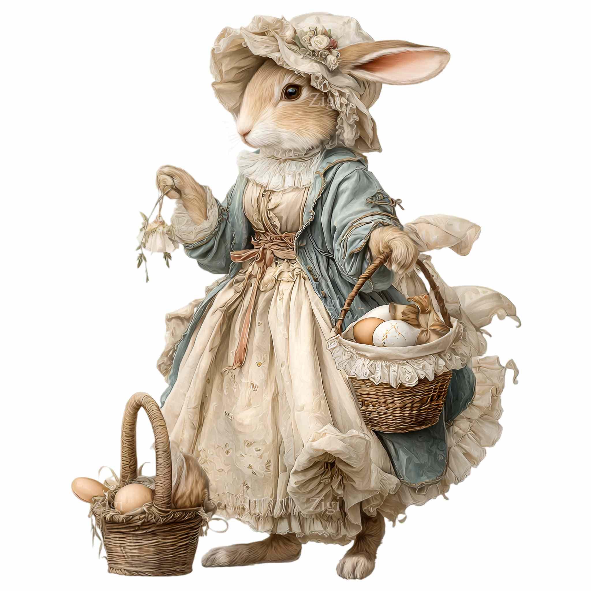 16 PNG Easter Rabbit Clipart , Vintage Bunny Illustration, Floral Dress ...