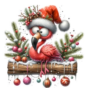 Flamant rose de Noël drôle de 15 PNG Clipart PNG avec bonnet de Noel, ornements et branches de pin, Art oiseau de vacances tropicales