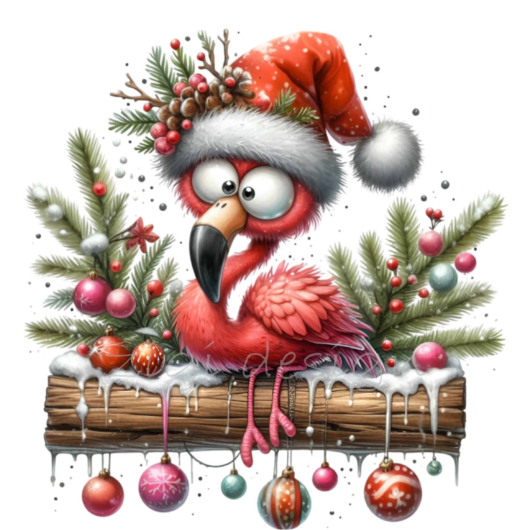 15 PNG Funny Christmas Flamingo PNG Clipart with Santa Hat, Ornaments and Pine Branches, Tropical Holiday Bird Art
