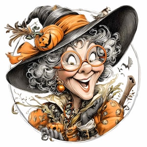 May include: A cartoon illustration of a smiling witch with gray curly hair, wearing a black hat with an orange band and pumpkin decoration. She wears orange glasses, a patterned orange jacket, and holds a small carved pumpkin. Bats fly in the background.
