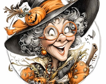 10 PNG Happy Old Witch Clipart, Funny Glasses Grandma Halloween