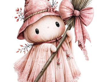 15 PNG Pink Witch Ghost Broomstick, Hat Halloween Floral Art Graphic