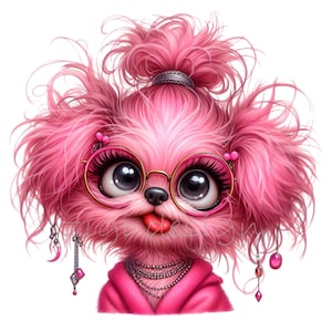 Cute Pink Dog PNG Clipart, 12 Fluffy Pup with Glasses and Earrings, Fun Digital Art for Craft Projects