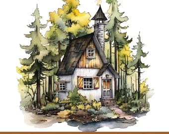 20 imágenes prediseñadas PNG de cabaña en el bosque, acuarela, marco de bosque, casa