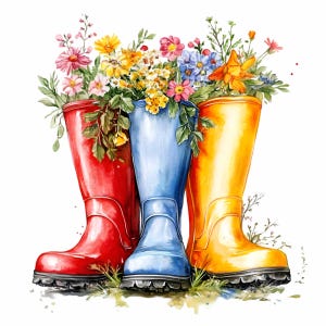 22 botas de jardín coloridas PNG Clipart: botas de lluvia rojas, azules y amarillas con flores. Arte de jardinería primaveral para manualidades de sublimación.