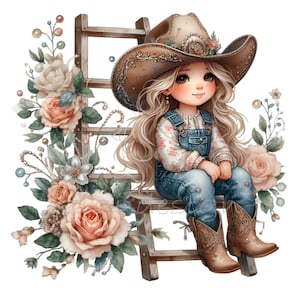 10 cliparts cow-girl PNG, jolie fille western avec chapeau et bottes, téléchargement numérique Floral country rustique