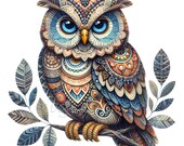 Owl Clipart, 10 PNG Folk Art Clip Art, Scandinavian Nordic Mandala Pattern Warm Neutral Colors, Ethnic Printable Wall Art, Card Making