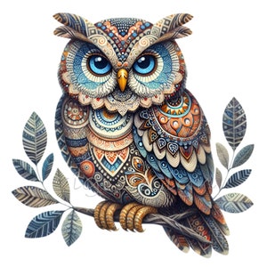 Clipart gufo, 10 ClipArt di arte popolare PNG, modello scandinavo nordico Mandala colori neutri caldi, arte murale stampabile etnica, creazione di cartoline