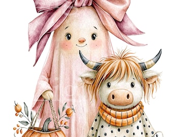 12 PNG Pink Ghost Highland Cow, Autumn Pumpkin Bow Halloween Graphic