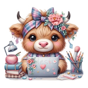 10 vacas de las tierras altas con computadora portátil PNG Clipart, ilustración artística de vaca, lindo arte digital para manualidades y decoración