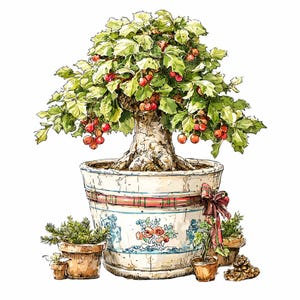 May include: An illustration of a bonsai tree with red berries and green leaves in a decorative pot. The pot is white with blue floral designs and a red and green plaid band. Small potted plants and a pine cone are at the base.