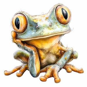 May include: A watercolour illustration of a frog with large, expressive eyes. The frog is in shades of yellow, orange, and blue-green, in a thoughtful pose. The frog's skin has a textured appearance, and the artwork is set against a white background.