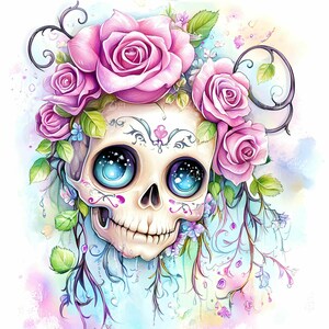 16 JPEG Süßer Zuckerschädel Clipart Blumenkrone Pastellfarben JPG Totenschädel mit Rosen Illustration für Sublimation und Druck