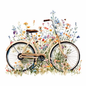 28 Clipart di biciclette d'epoca JPEG, Arte floreale con fiori selvatici primaverili, Scena di giardino in bicicletta rustica, Stampa naturalistica di cottage