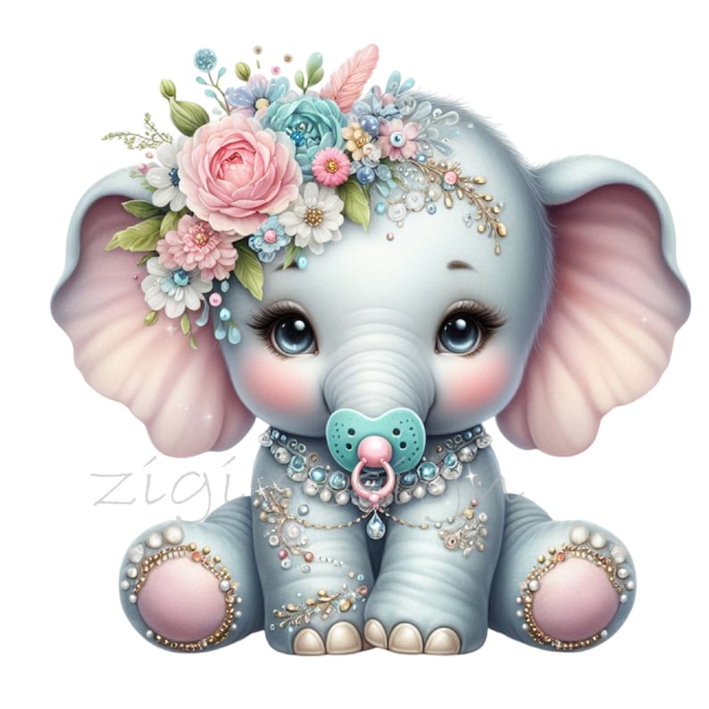 May include: A light blue baby elephant with pink ears and a blue pacifier sits with a flower crown on its head and a pearl necklace around its neck.