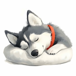 16 JPEG Husky endormi - Clipart JPG de chien mignon - Art de chiot sur un coussin pour une décoration de chambre d'animal de compagnie, chien à imprimer, Design animal calme