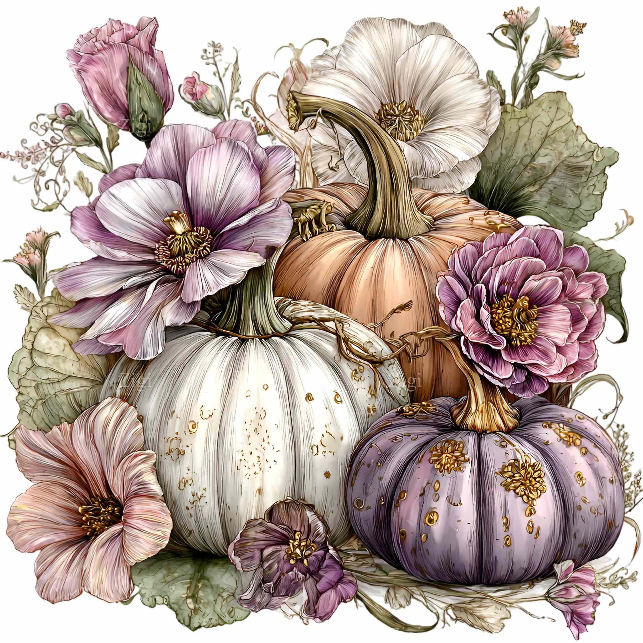 10 PNG Floral Pumpkin Fall Watercolor Clipart, Autumn Peonies Purple ...