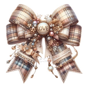 Vintage Plaid Bow PNG Clipart, Elegant Pearl Floral Ribbon with Love Centerpiece, Wedding Invitation, Scrapbook Decoration