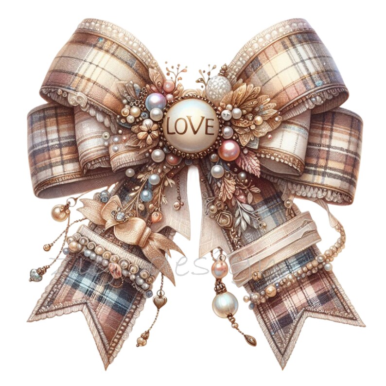 Vintage Plaid Bow PNG Clipart, Elegant Pearl Floral Ribbon with Love Centerpiece, Wedding Invitation, Scrapbook Decoration