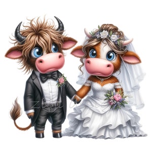Süßes Kuh-Hochzeitspaar Clipart 12 PNG - Braut und Bräutigam Kühe in Hochzeitskleidung - Perfekt für Hochzeitseinladungen und Kunsthandwerk