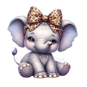 15 graziosi clipart PNG di elefantino – fiocco con stampa leopardata, accenti di gioielli – download digitale di sublimazione di animali africani