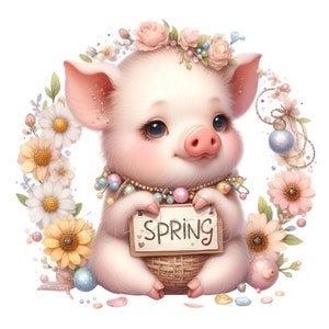 15 imágenes PNG de cerdos adorables con flores y un símbolo de primavera, arte pastel de cerdito bebé, descarga digital de animales de granja