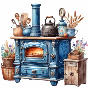 10 Vintage Herd PNG Clipart - Blauer Holzofen mit Utensilien, Wasserkocher & Blumen - Bauernhaus Küche Sublimationsdesign